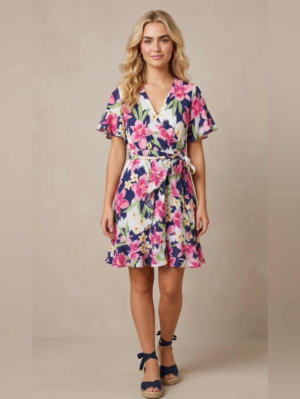 Tori Richard Honolulu Floral Wrap Dress 4 NWT Navy Pink Flutter Sleeve Feminine